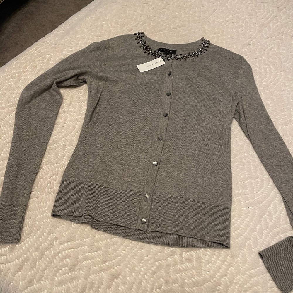 Ann Taylor Dressy Gray Cardigan with Jeweled Neckline Size M NWT
